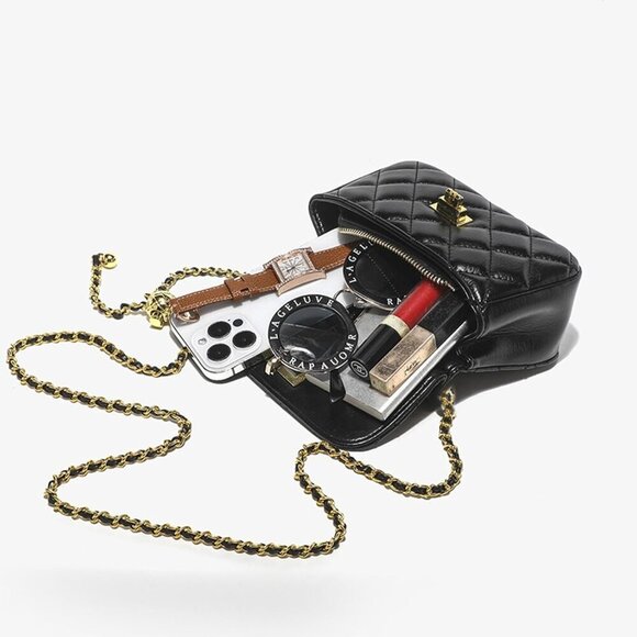 Women's Faux Leather Crossbody Bag with Chain Detail Compact Stylish - Picture 4 of 6